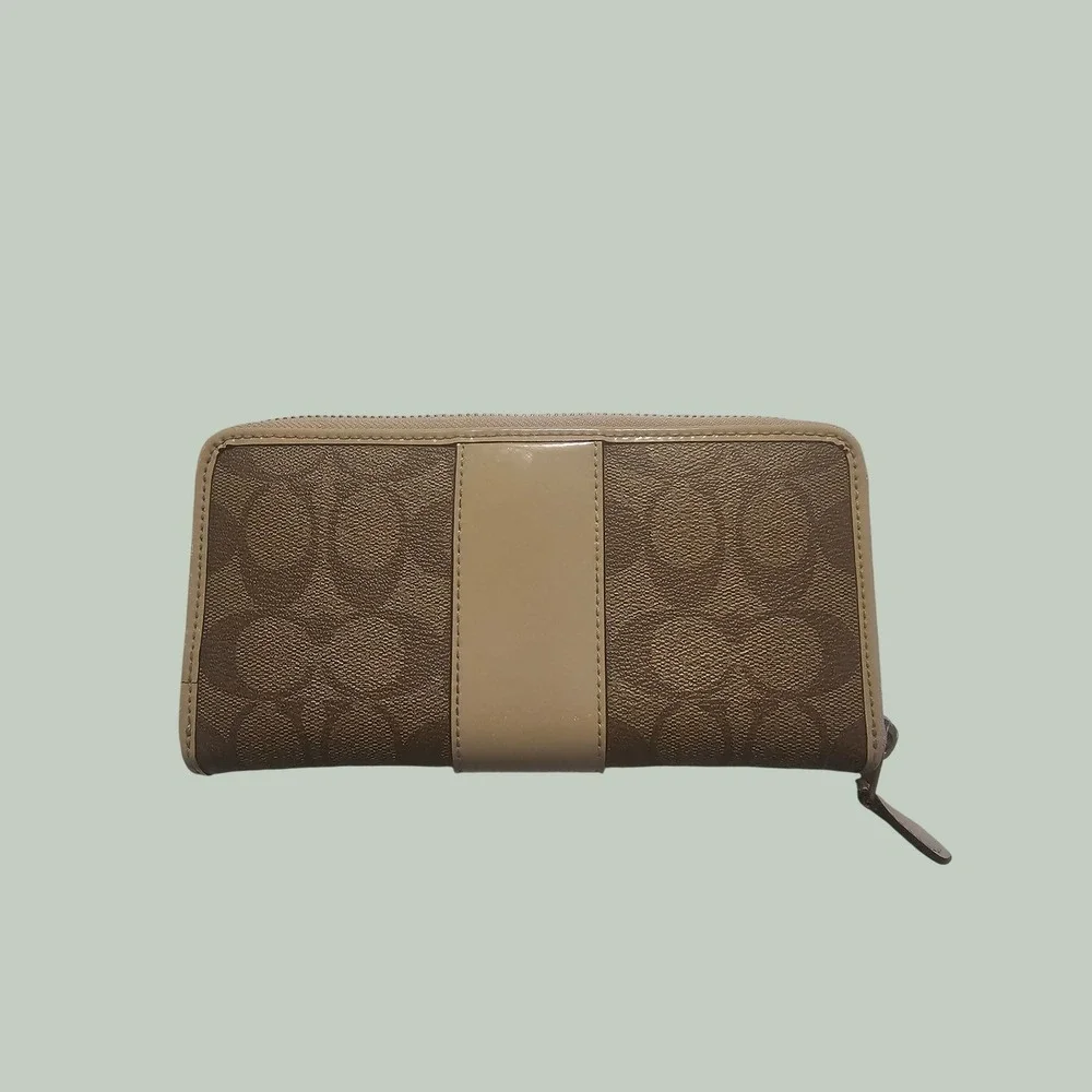 Coach Signature Canvas Accordion Zip Wallet Tan Brown Patent Stripe F54630